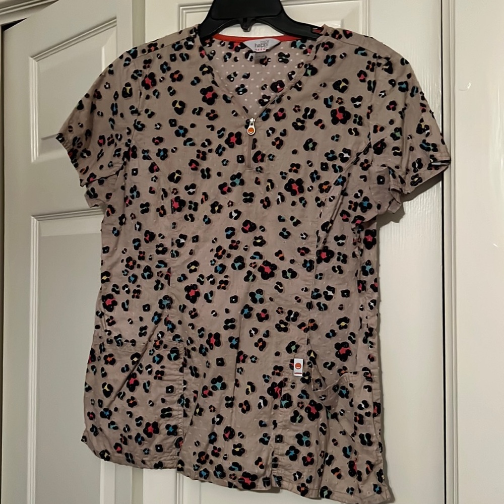 Code happy leopard print scrub top